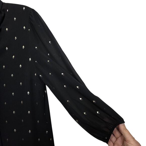 Banana Republic Black w Gold Metallic Sheer Sleeve Mini Dress w Neck Tie SZ 8 - Picture 6 of 11